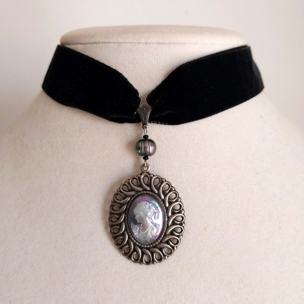 Art of Adornment white & iridescent rainbow cameo goth velvet choker